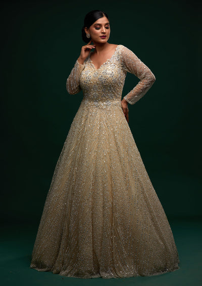 Cream Silver Stonework Net Designer Gown - Koskii