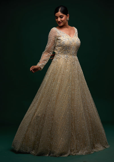 Cream Silver Stonework Net Designer Gown - Koskii