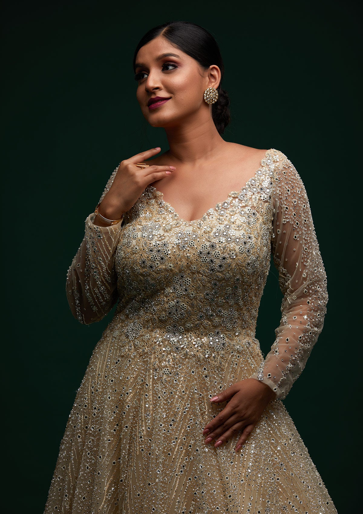 Cream Silver Stonework Net Designer Gown - Koskii