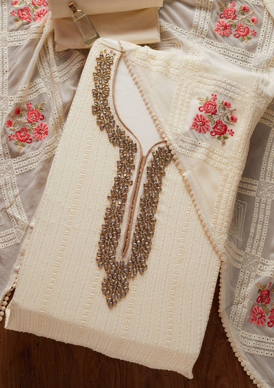Cream Stonework Georgette Designer Unstitched Salwar Suit - koskii