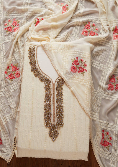 Cream Stonework Georgette Designer Unstitched Salwar Suit - koskii