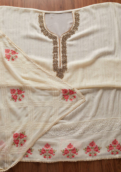 Cream Stonework Georgette Designer Unstitched Salwar Suit - koskii