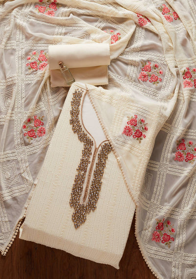 Cream Stonework Georgette Designer Unstitched Salwar Suit - koskii