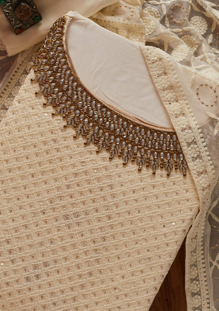 Cream Stonework Georgette Designer Unstitched Salwar Suit - koskii