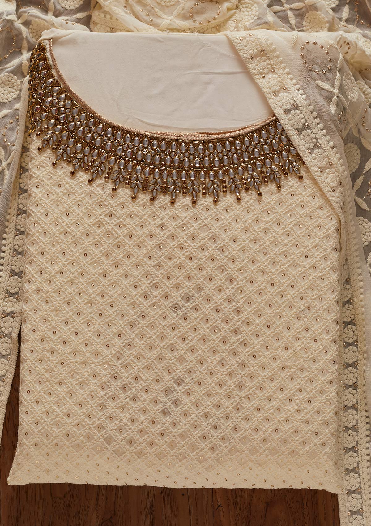Cream Stonework Georgette Designer Unstitched Salwar Suit - koskii