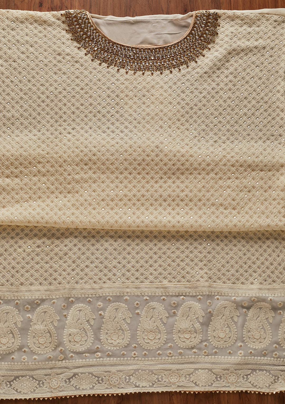 Cream Stonework Georgette Designer Unstitched Salwar Suit - koskii