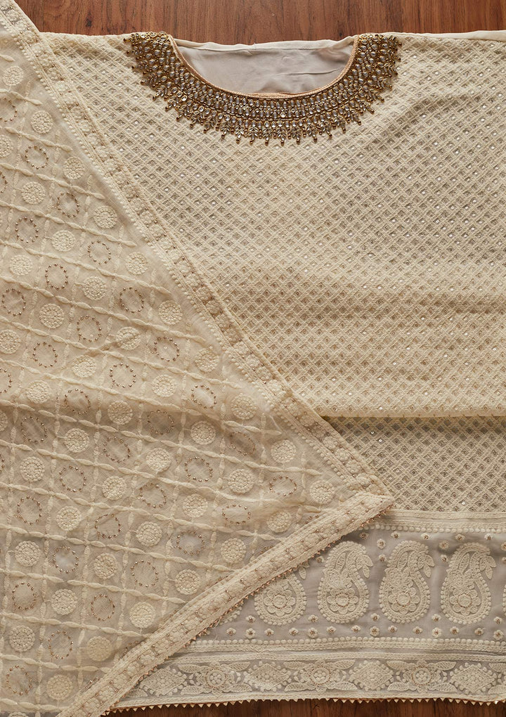 Cream Stonework Georgette Designer Unstitched Salwar Suit - koskii