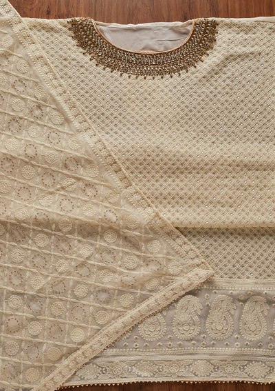Cream Stonework Georgette Designer Unstitched Salwar Suit - koskii