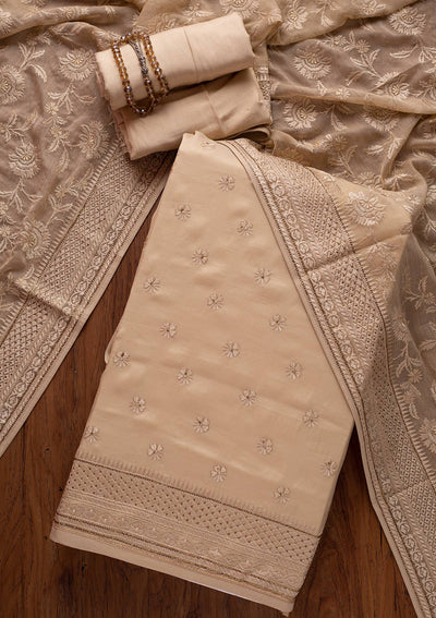 Cream Swarovski Chanderi Designer Unstitched Salwar Suit - koskii