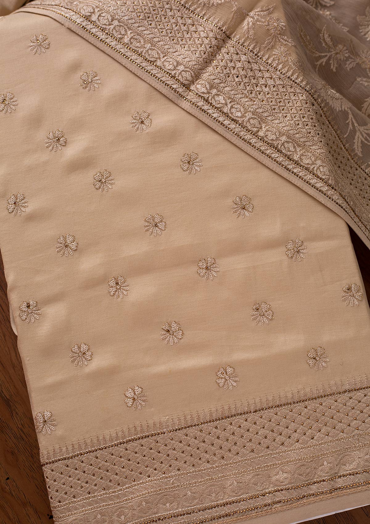 Cream Swarovski Chanderi Designer Unstitched Salwar Suit - koskii