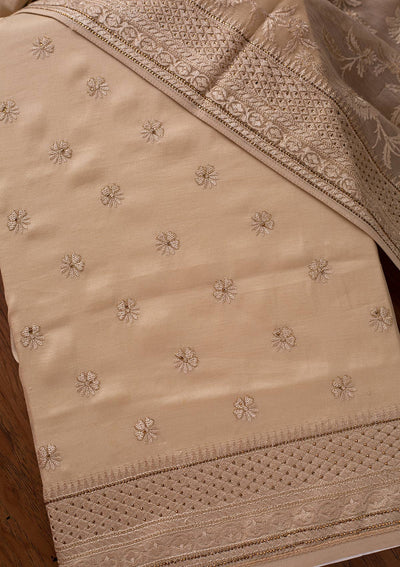 Cream Swarovski Chanderi Designer Unstitched Salwar Suit - koskii