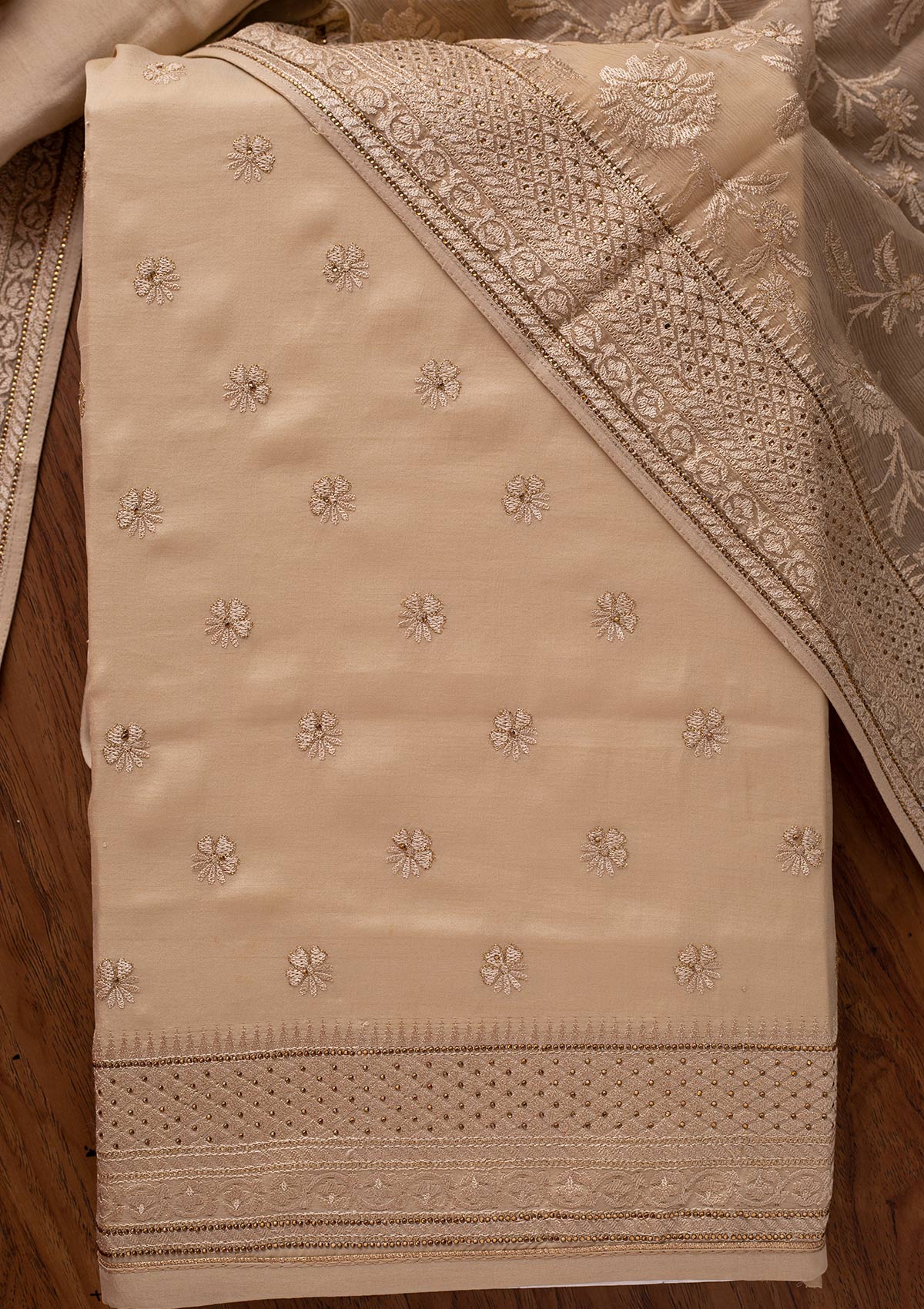 Cream Swarovski Chanderi Designer Unstitched Salwar Suit - koskii
