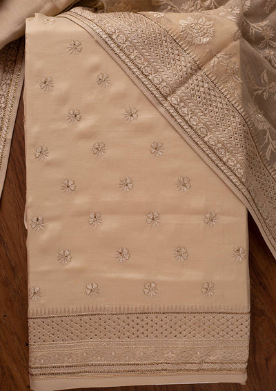 Cream Swarovski Chanderi Designer Unstitched Salwar Suit - koskii
