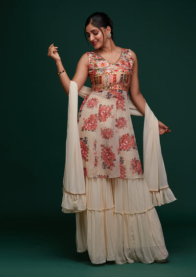 Cream Threadwork Georgette Designer Salwar Suit - Koskii