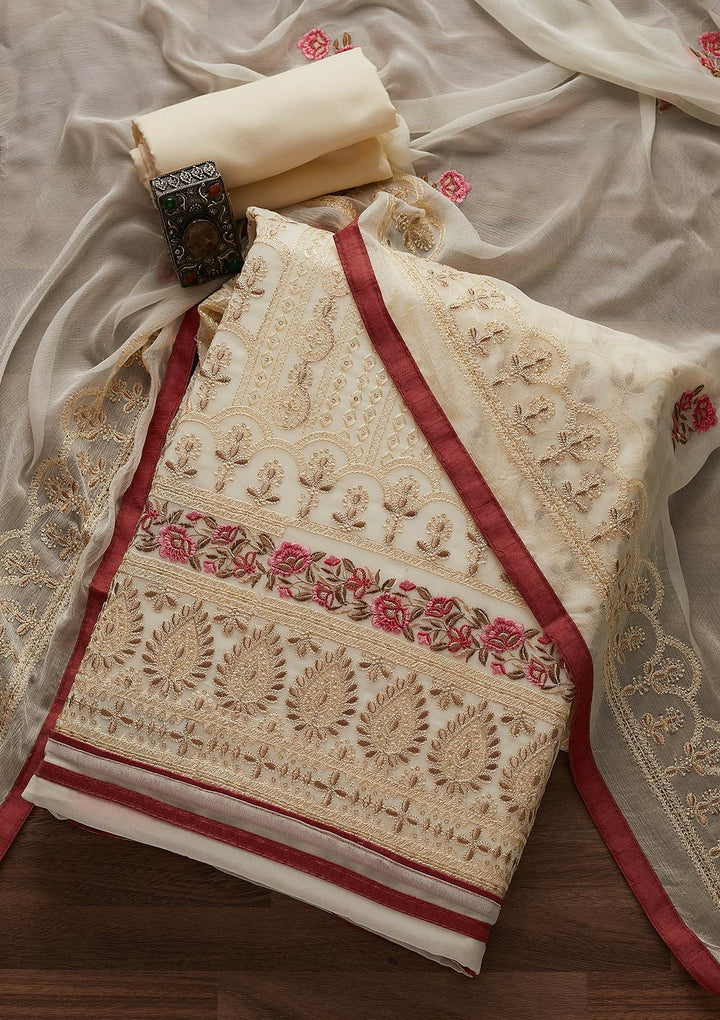 Cream Threadwork Georgette Designer Unstitched Salwar Suit - Koskii