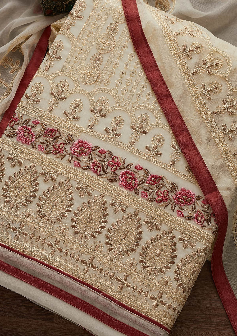 Cream Threadwork Georgette Designer Unstitched Salwar Suit - Koskii