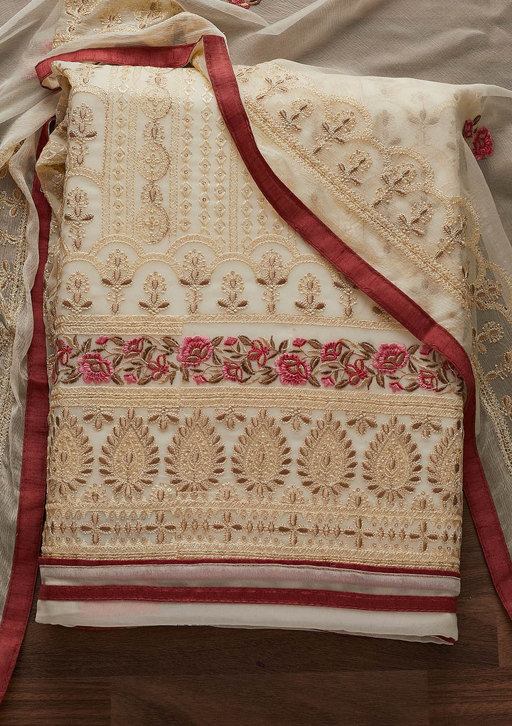 Cream Threadwork Georgette Designer Unstitched Salwar Suit - Koskii