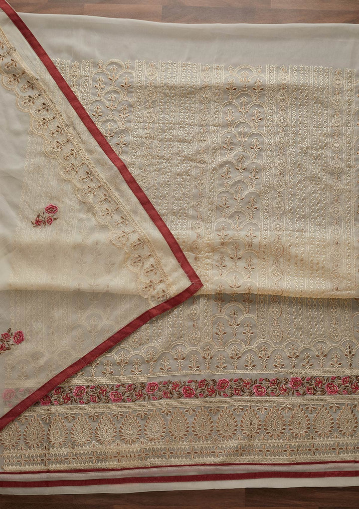 Cream Threadwork Georgette Designer Unstitched Salwar Suit - Koskii