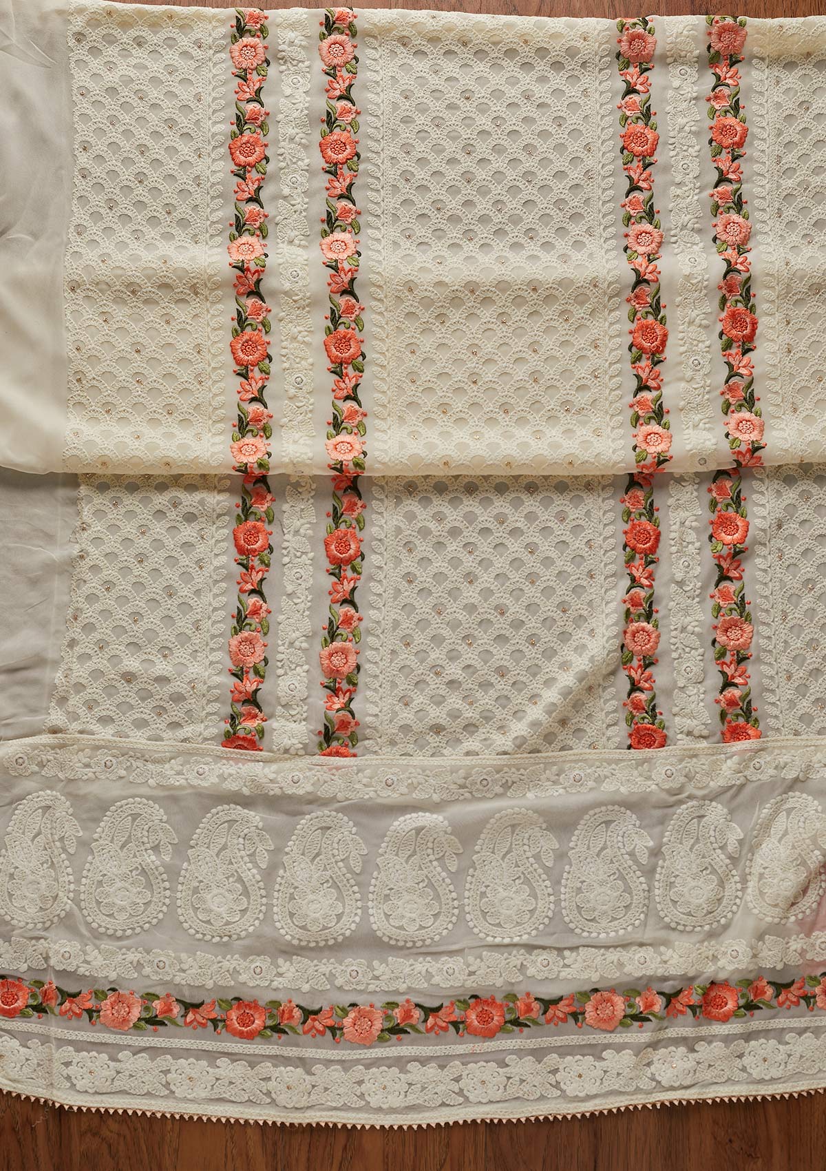 Cream Threadwork Georgette Designer Unstitched Salwar Suit - koskii