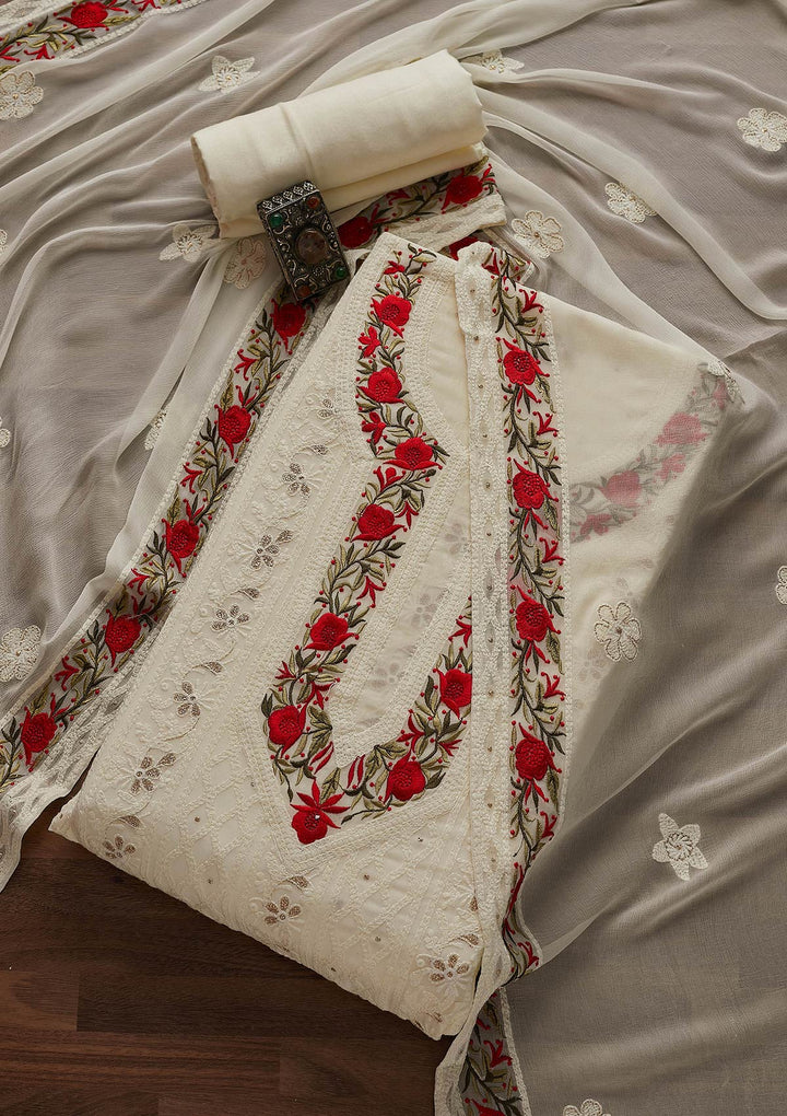 Cream Threadwork Georgette Designer Unstitched Salwar Suit - Koskii