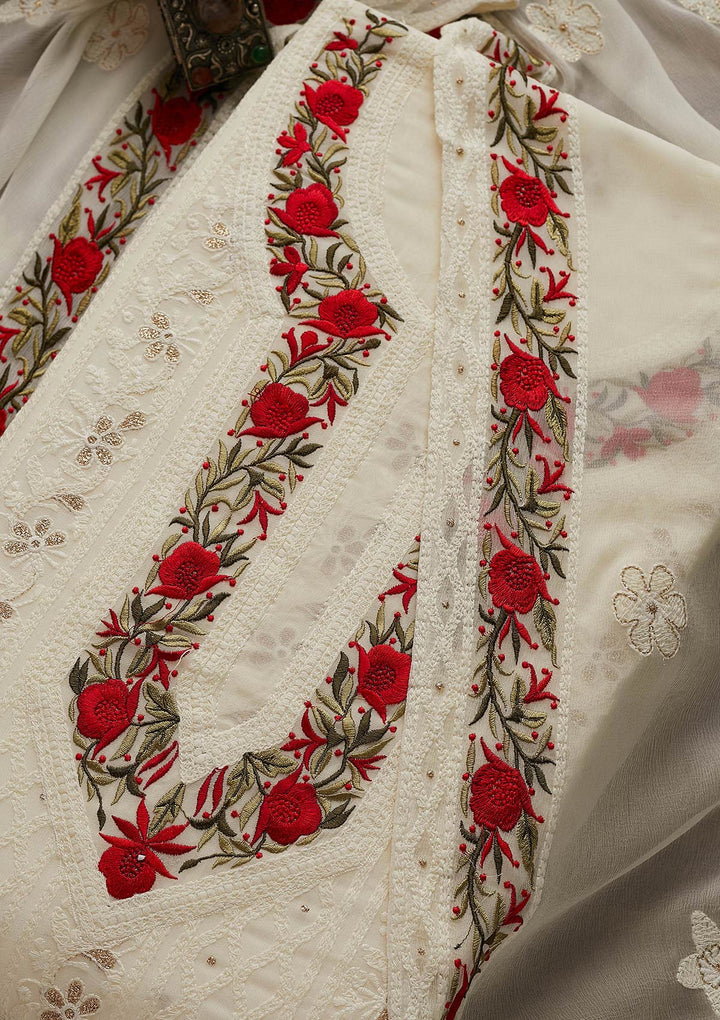 Cream Threadwork Georgette Designer Unstitched Salwar Suit - Koskii