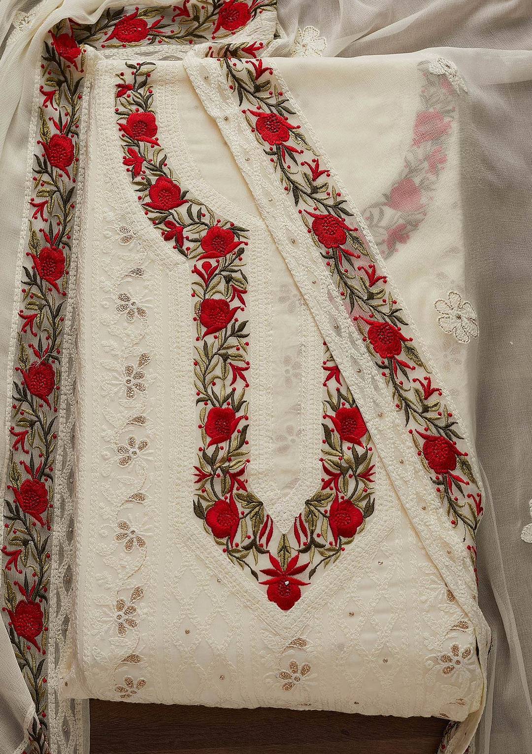 Cream Threadwork Georgette Designer Unstitched Salwar Suit - Koskii