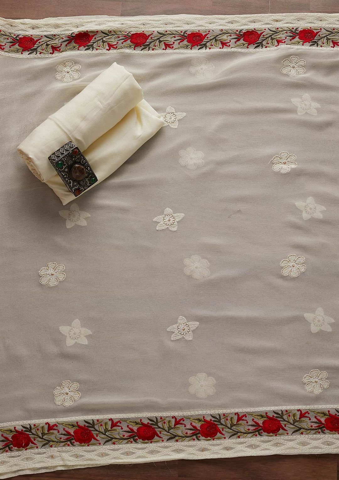 Cream Threadwork Georgette Designer Unstitched Salwar Suit - Koskii