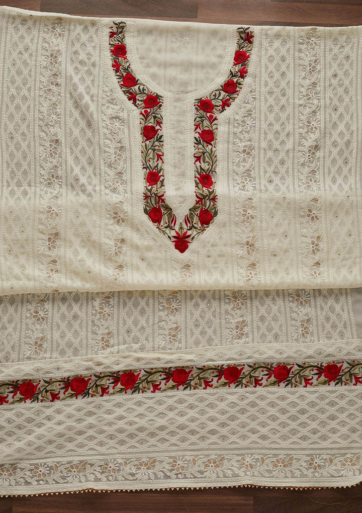 Cream Threadwork Georgette Designer Unstitched Salwar Suit - Koskii