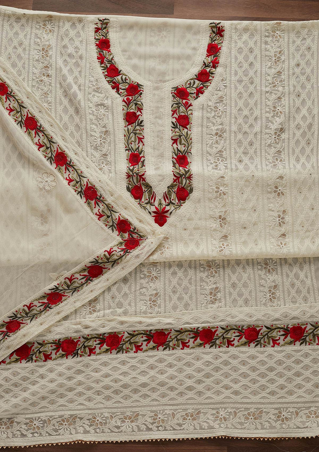 Cream Threadwork Georgette Designer Unstitched Salwar Suit - Koskii