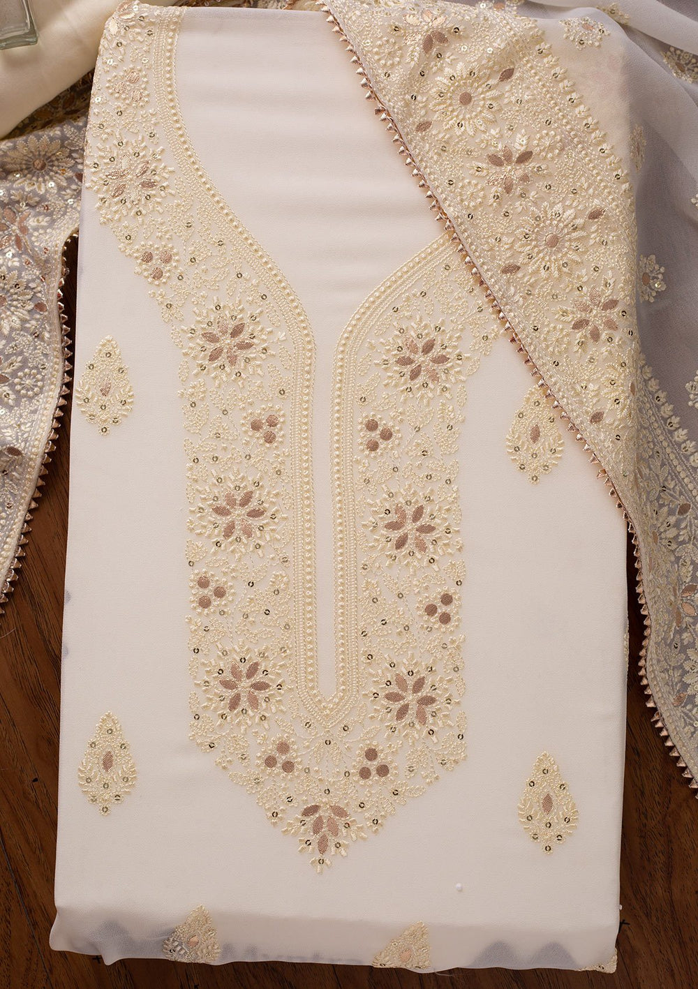 Cream Threadwork Georgette Designer Unstitched Salwar Suit - koskii