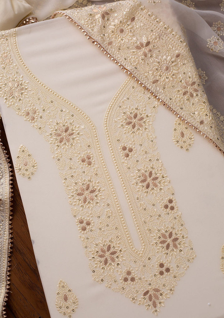 Cream Threadwork Georgette Designer Unstitched Salwar Suit - koskii