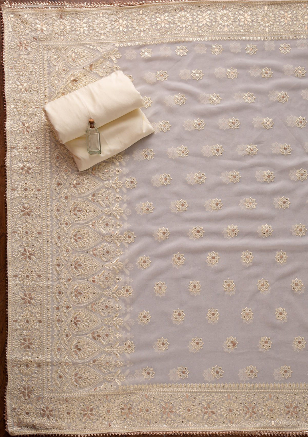 Cream Threadwork Georgette Designer Unstitched Salwar Suit - koskii