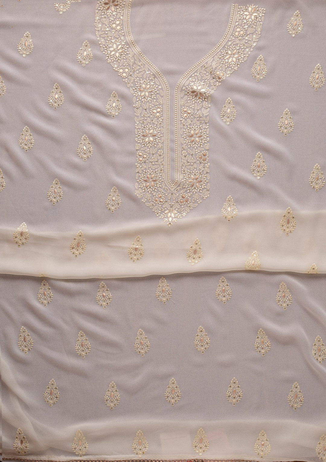Cream Threadwork Georgette Designer Unstitched Salwar Suit - koskii