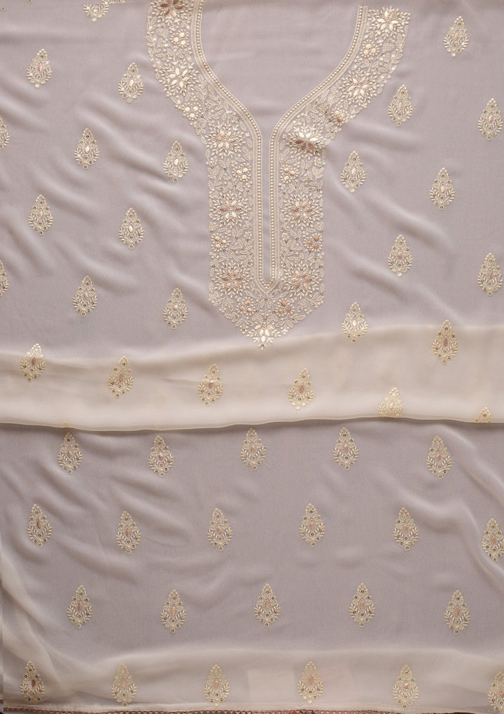 Cream Threadwork Georgette Designer Unstitched Salwar Suit - koskii
