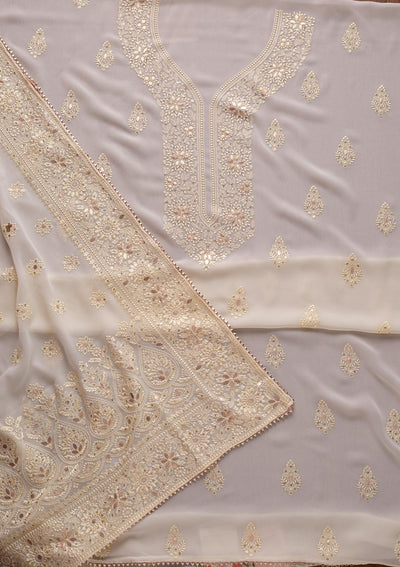 Cream Threadwork Georgette Designer Unstitched Salwar Suit - koskii