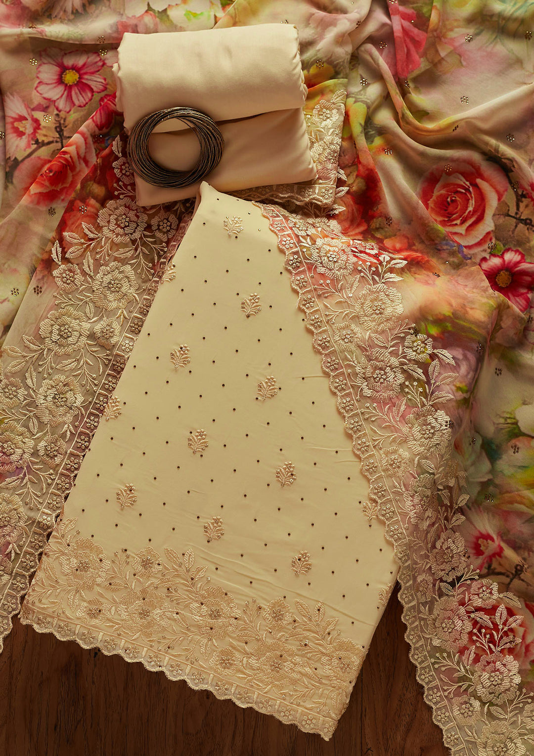 Cream Threadwork Georgette Unstitched Salwar Suit-Koskii