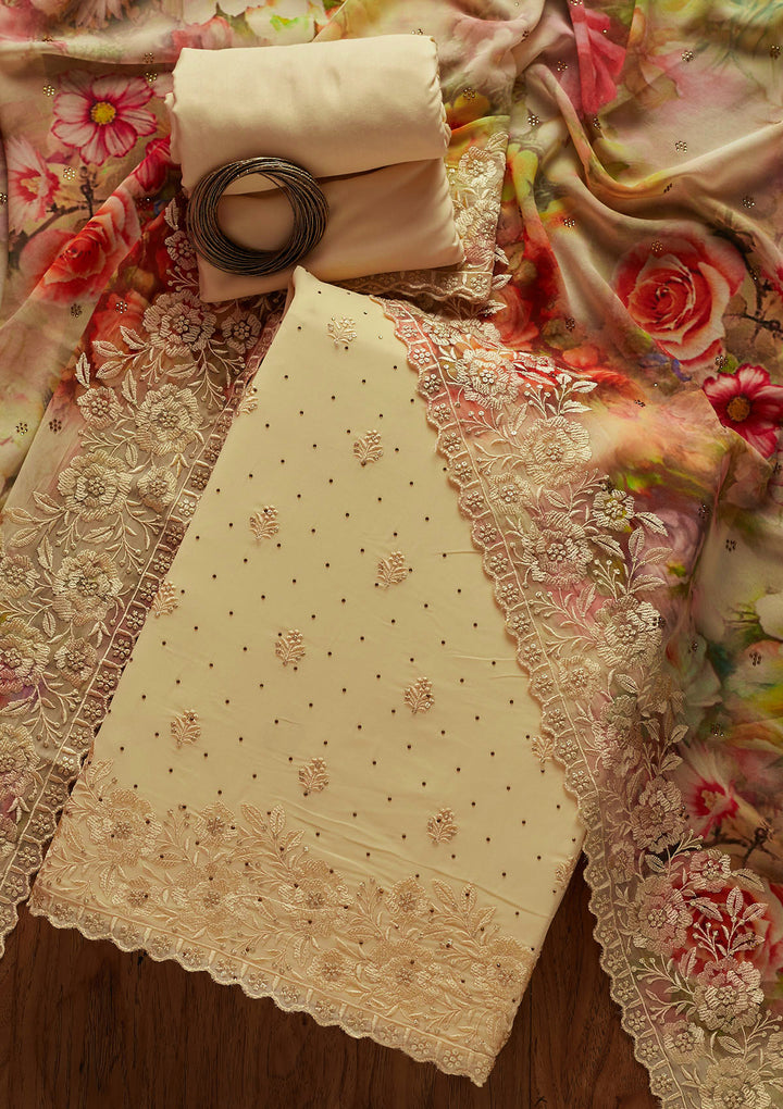 Cream Threadwork Georgette Unstitched Salwar Suit-Koskii