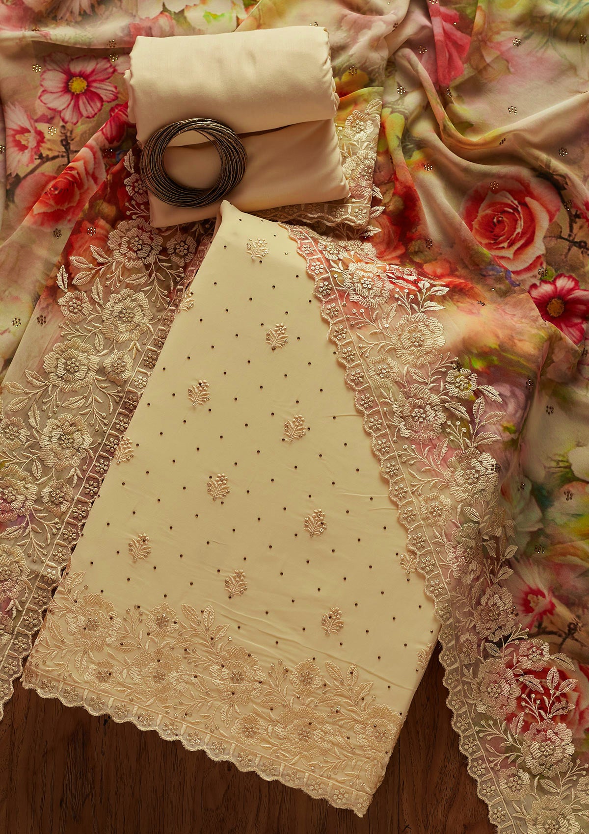 Cream Threadwork Georgette Unstitched Salwar Suit-Koskii
