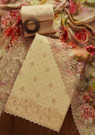 Cream Threadwork Georgette Unstitched Salwar Suit-Koskii