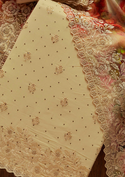Cream Threadwork Georgette Unstitched Salwar Suit-Koskii