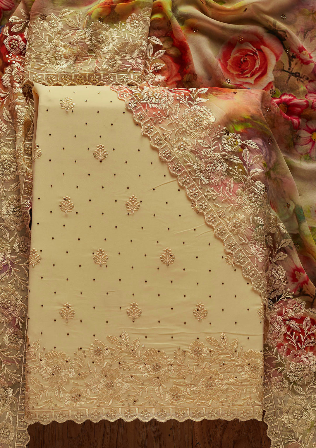 Cream Threadwork Georgette Unstitched Salwar Suit-Koskii