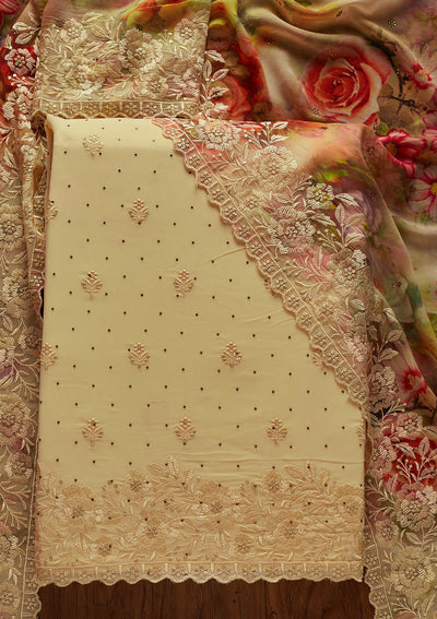 Cream Threadwork Georgette Unstitched Salwar Suit-Koskii