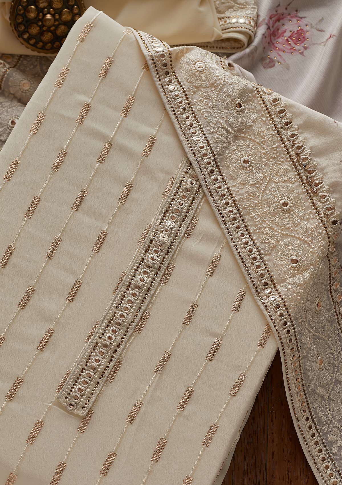 Cream Threadwork Georgette Designer Unstitched Salwar Suit - koskii