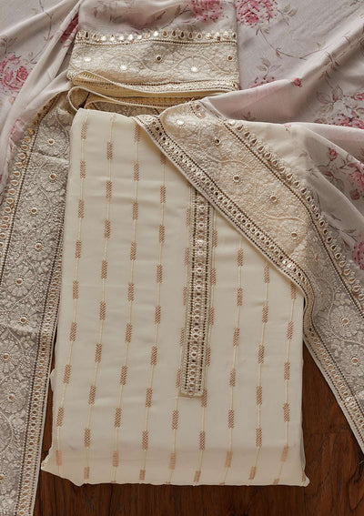 Cream Threadwork Georgette Designer Unstitched Salwar Suit - koskii