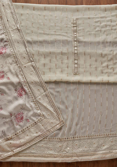 Cream Threadwork Georgette Designer Unstitched Salwar Suit - koskii