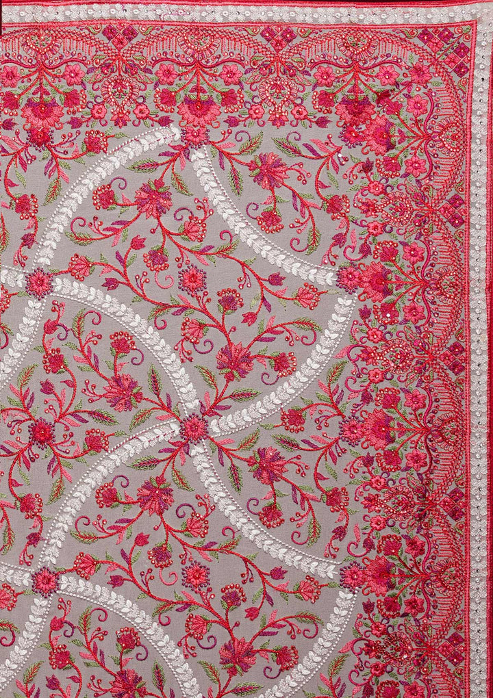 Cream Threadwork Georgette Designer Saree - koskii