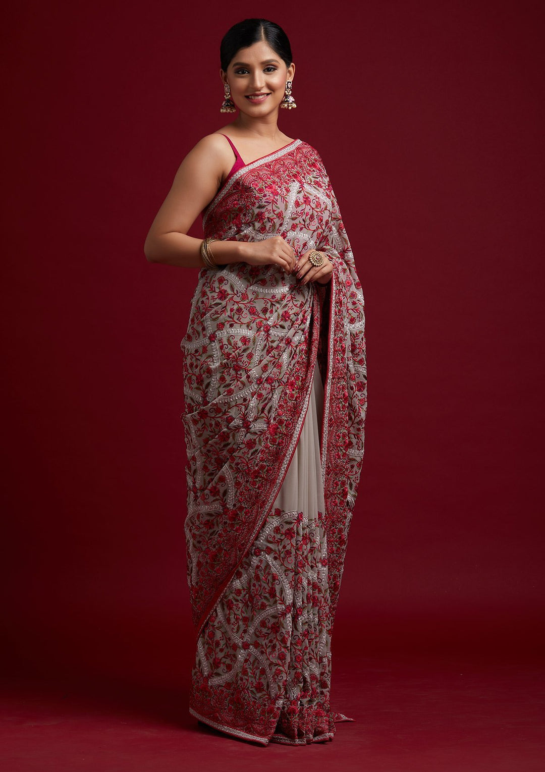 Cream Threadwork Georgette Designer Saree - koskii