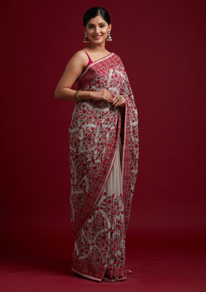 Cream Threadwork Georgette Designer Saree - koskii