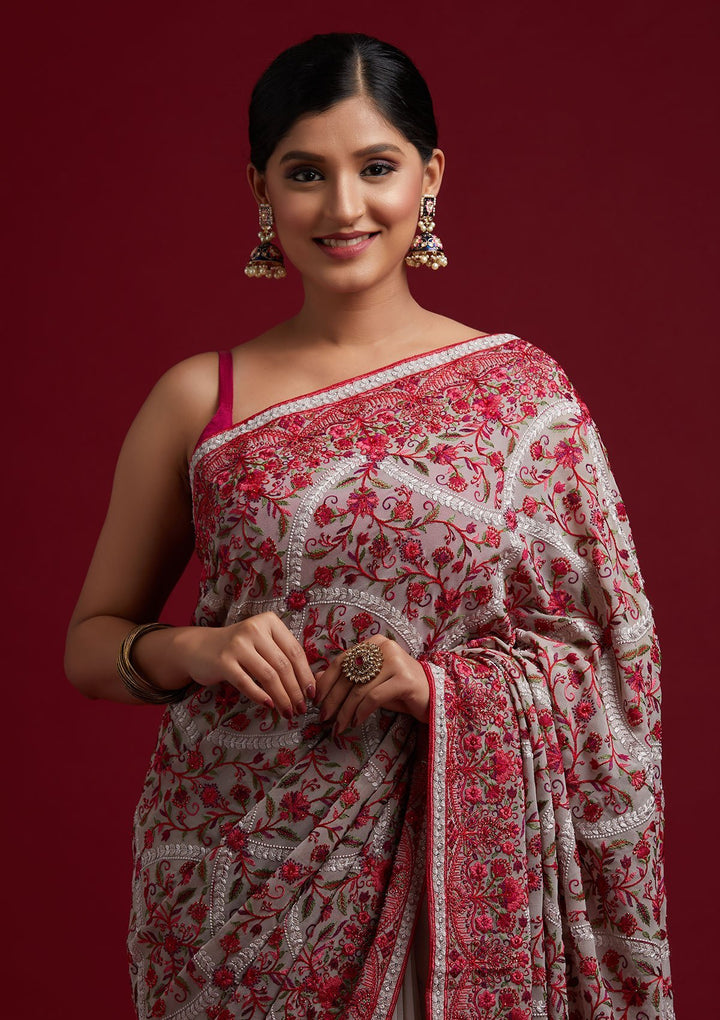 Cream Threadwork Georgette Designer Saree - koskii