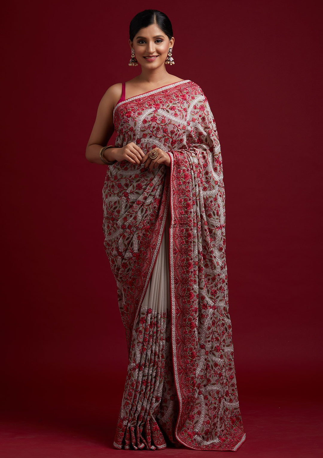 Cream Threadwork Georgette Designer Saree - koskii